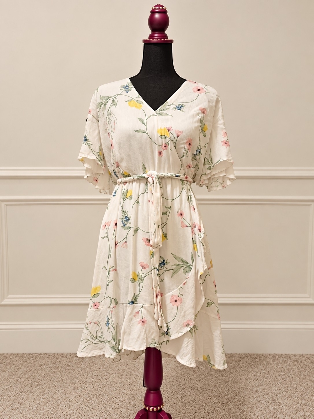 LC Lauren Conrad Cream Floral Wrap Midi Dress with Pastel Blooms and Tie Waist